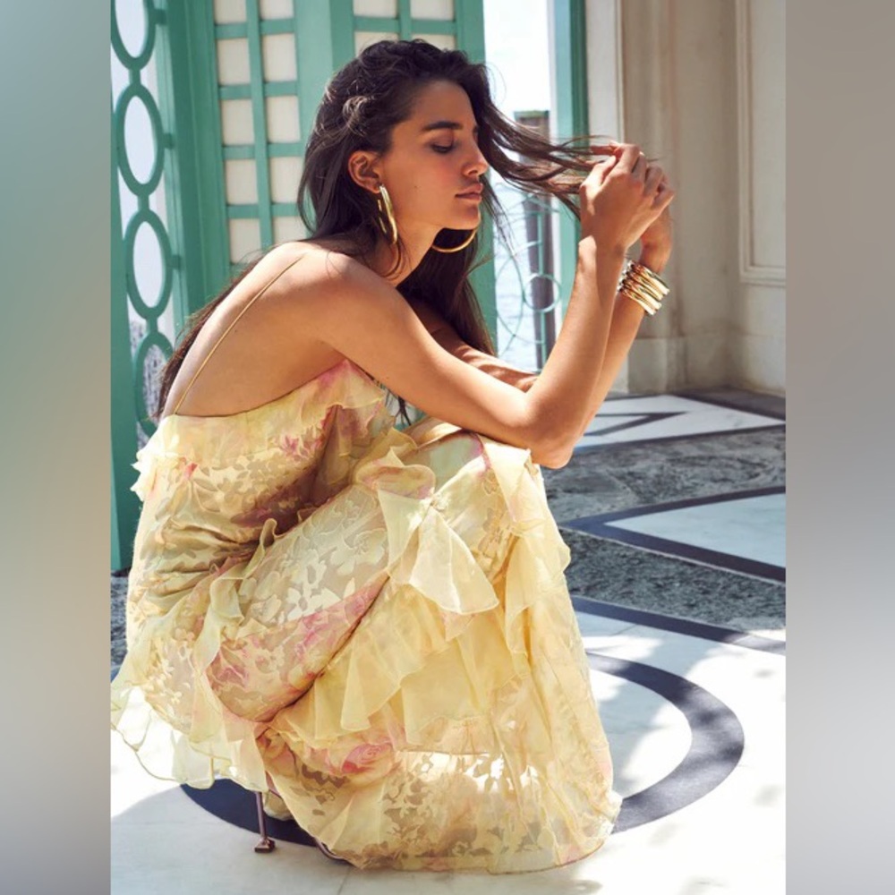 LoveShackFancy Pale Yellow Floral Ruffle Maxi Dress